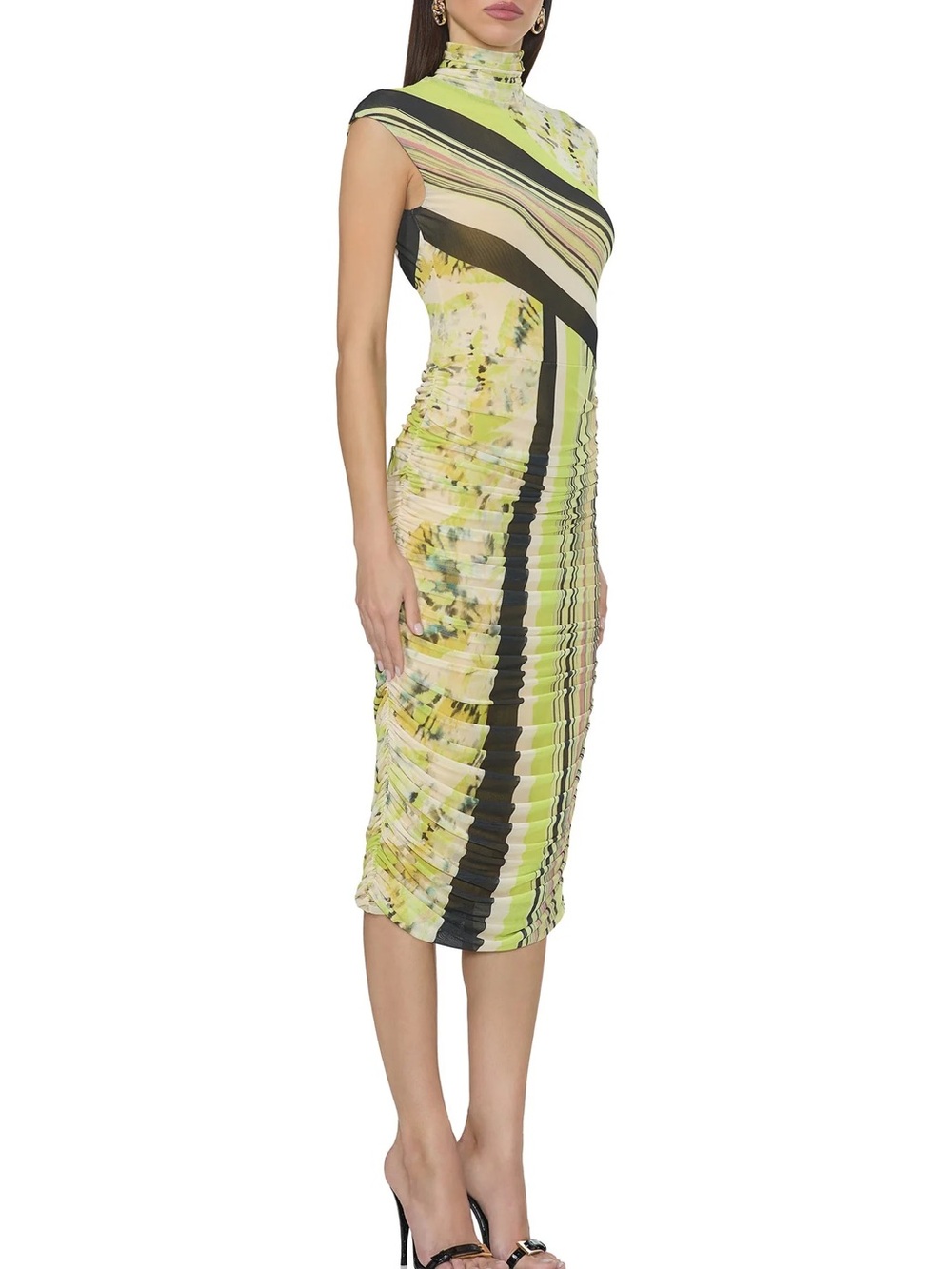 AFRM | Sleeveless Mockneck Yellow Multi-Stripe Mesh Bodycon Midi Dress Size 1X